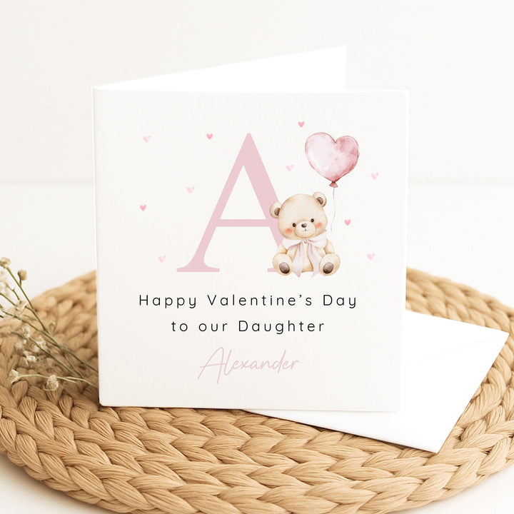 Personalised Pink Bear Initial Happy Valentine's Day Card