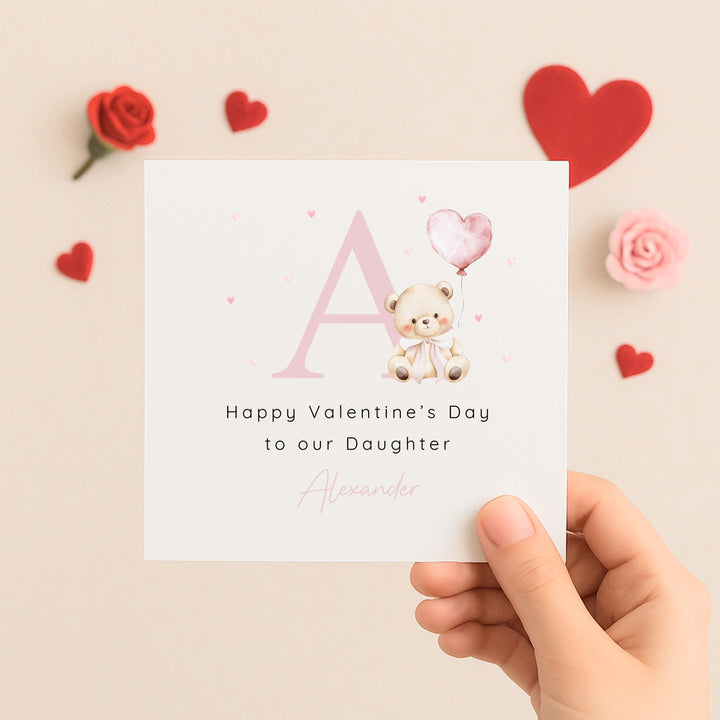 Personalised Pink Bear Initial Happy Valentine's Day Card
