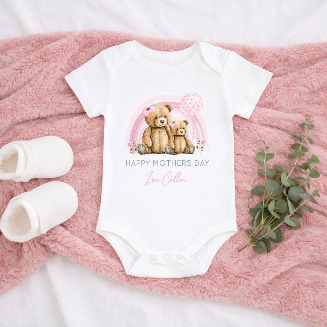 Personalised Pink Teddy Rainbow Happy Mother's Day Baby Grow or Vest