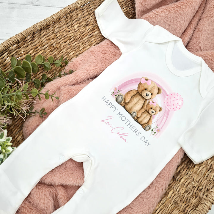 Personalised Pink Teddy Rainbow Happy Mother's Day Baby Grow or Vest