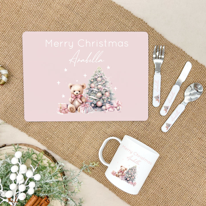 Personalised Pink Teddy Christmas Place Mat With Optional Cutlery and Mug