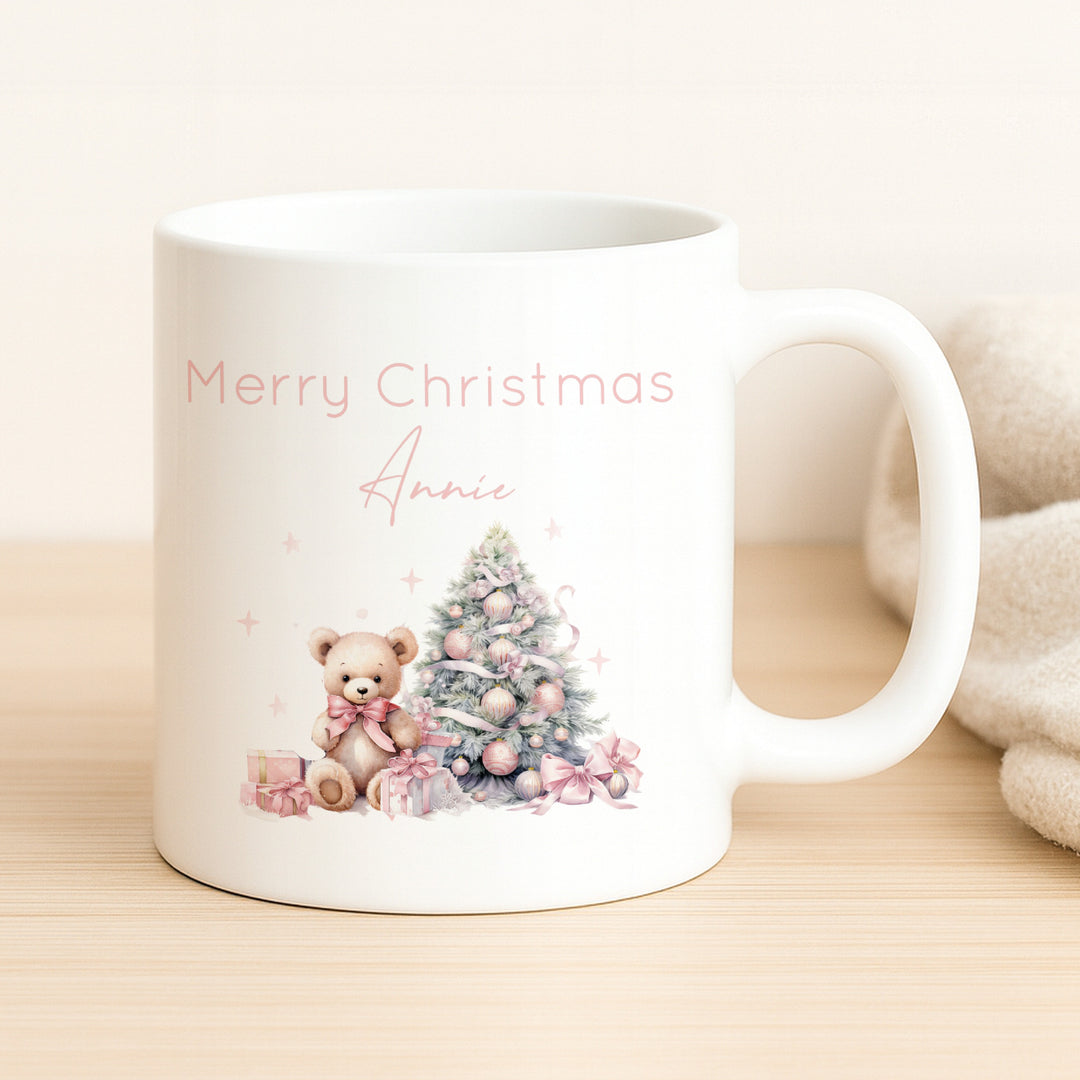 Personalised Pink Teddy Christmas Place Mat With Optional Cutlery and Mug