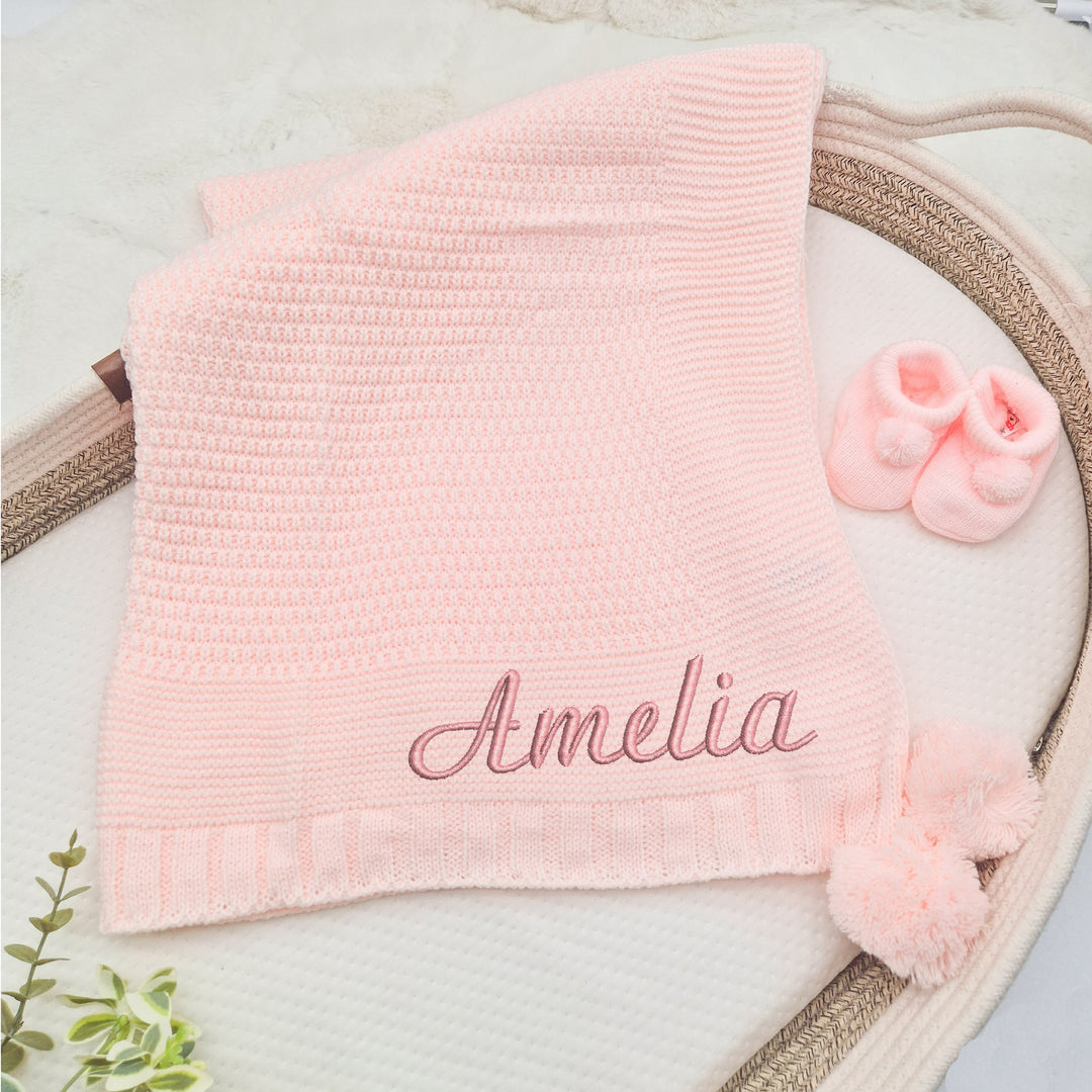 Personalised Pink Embroidered Knitted Baby Blanket