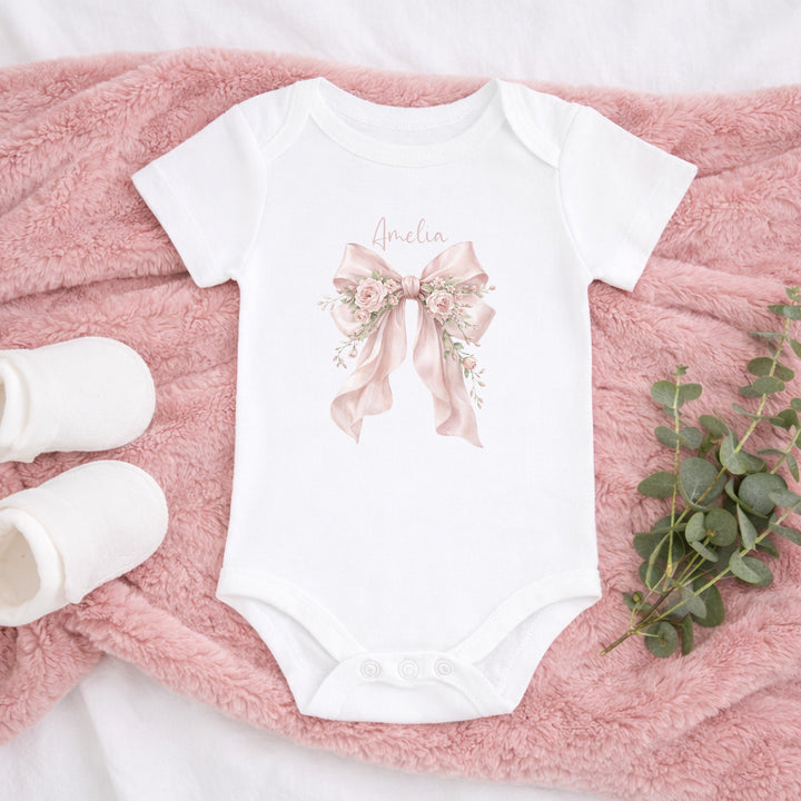 Personalised Pink Floral Bow Baby Grow, Vest or Bib
