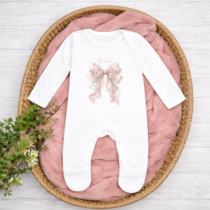 Personalised Pink Floral Bow Baby Grow &amp; Rabbit Set