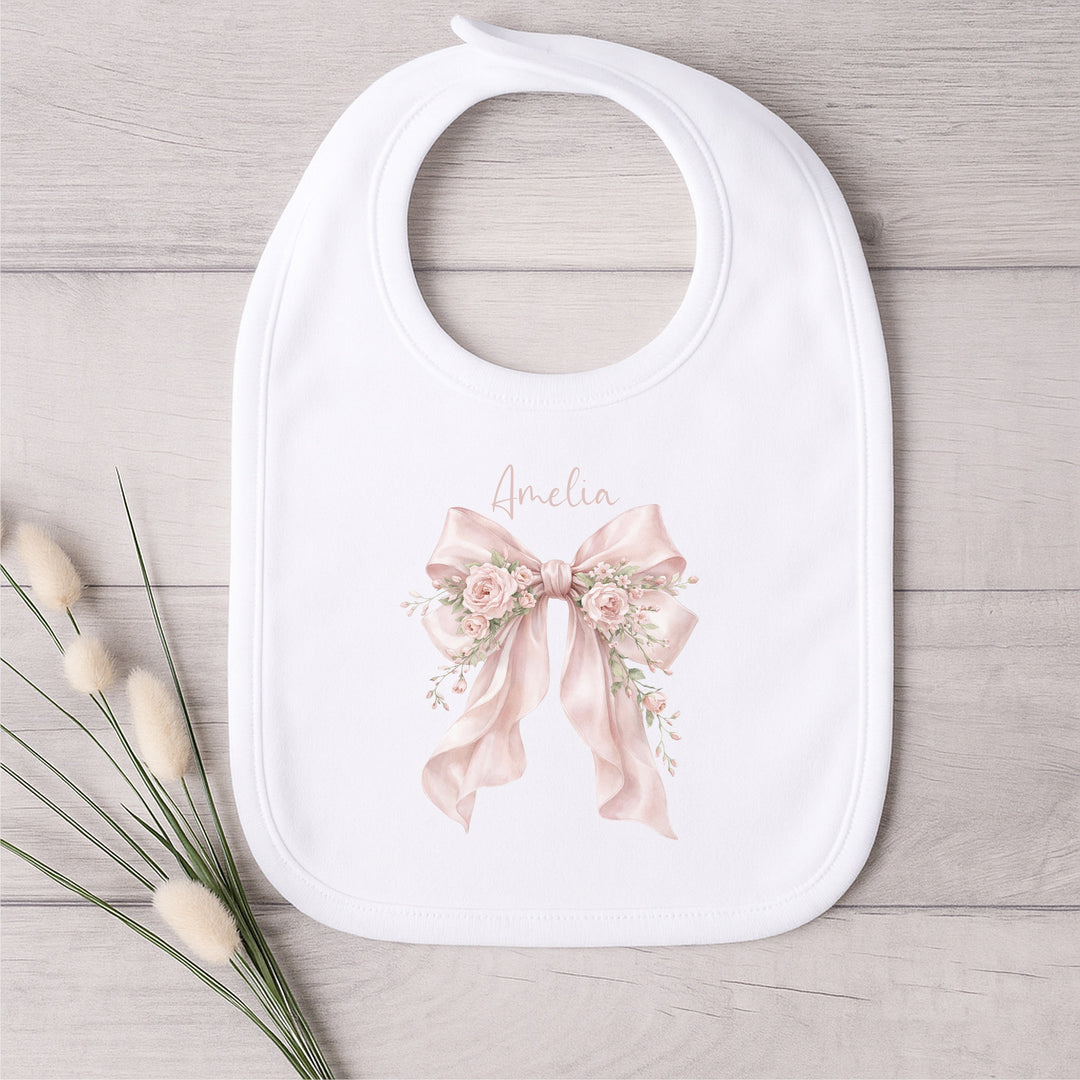 Personalised Pink Floral Bow Baby Grow, Vest or Bib
