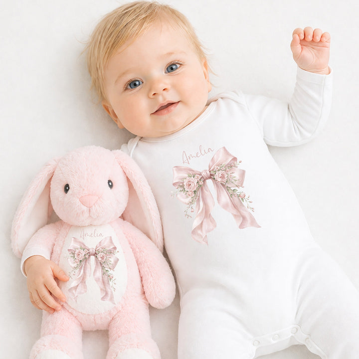 Personalised Pink Floral Bow Baby Grow &amp; Rabbit Set