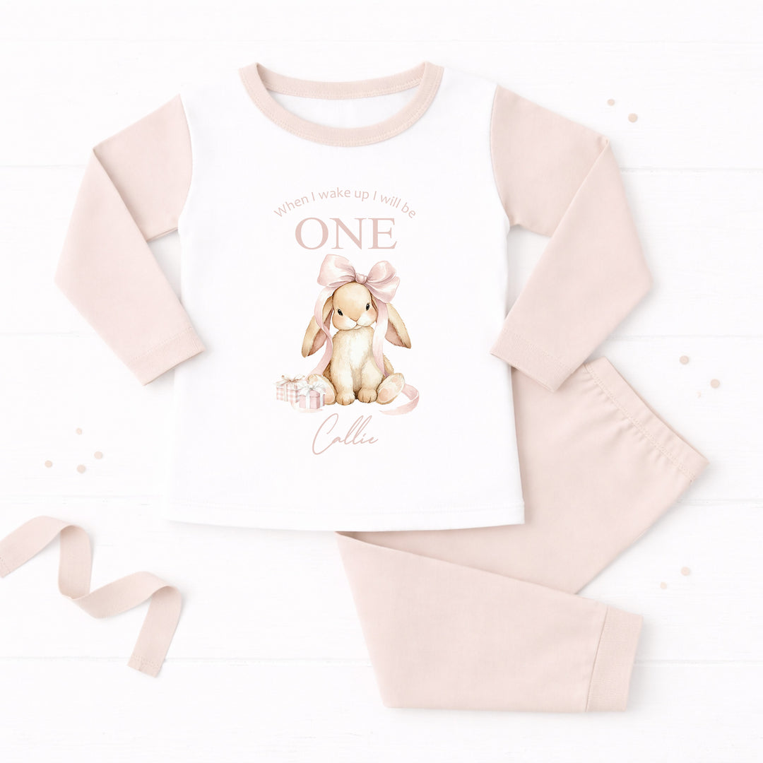 Personalised Pink Bow Bunny When I Wake Up I Will Be One First Birthday Pyjamas