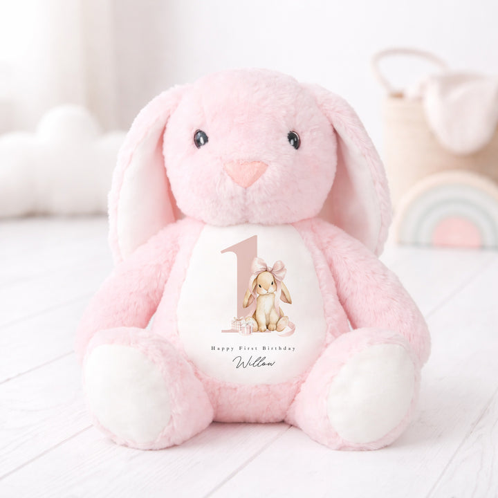 Personalised Pink Bow Bunny First Birthday Teddy