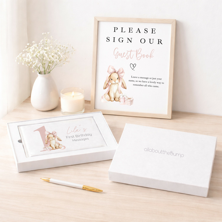 Personalised Pink Bow Bunny First Birthday Guest Book