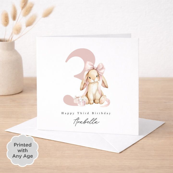 Personalised Pink Bow Bunny Any Age Birthday Card