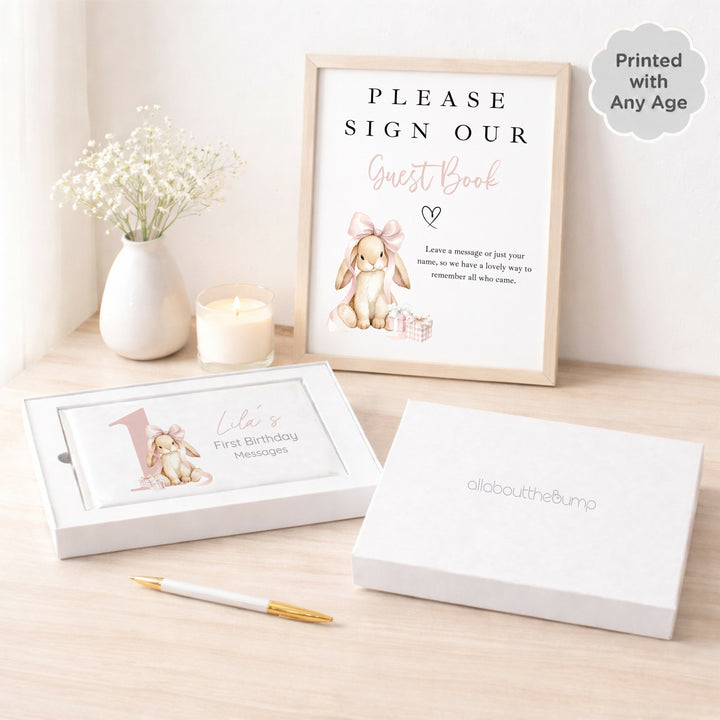 Personalised Pink Bow Bunny Any Age Birthday Guest Book
