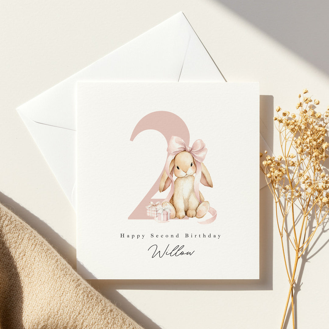 Personalised Pink Bow Bunny Any Age Birthday Card
