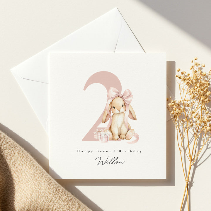 Personalised Pink Bow Bunny Any Age Birthday Card