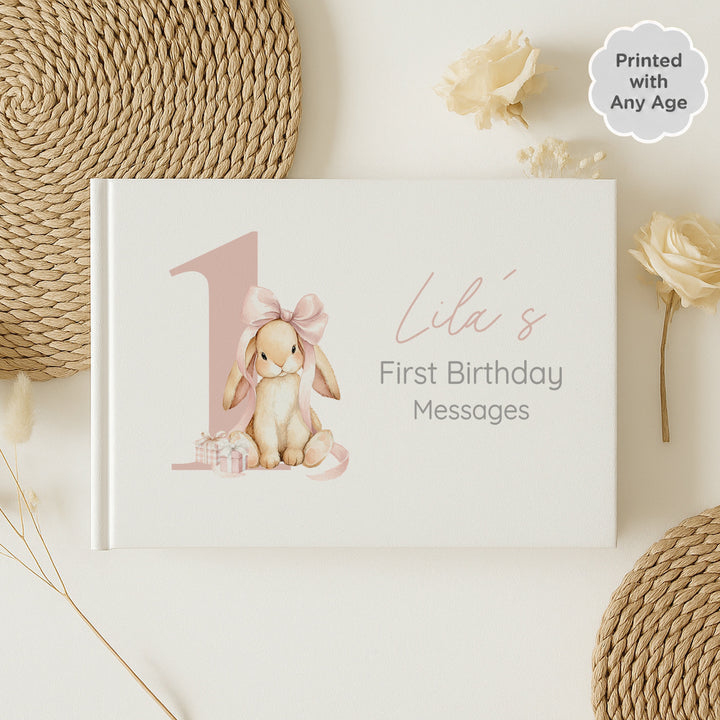 Personalised Pink Bow Bunny Any Age Birthday Guest Book