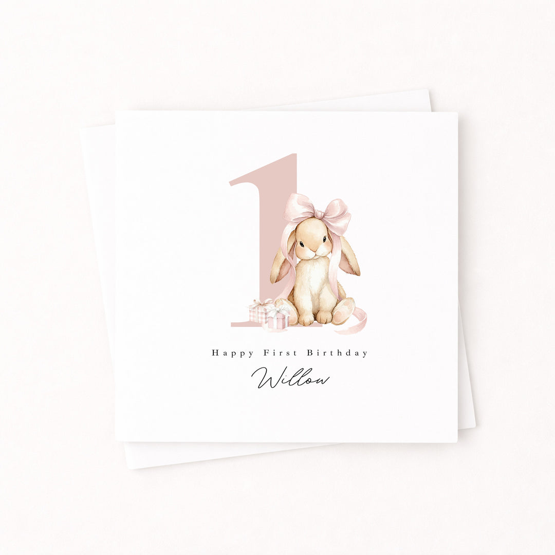 Personalised Pink Bow Bunny Birthday Card