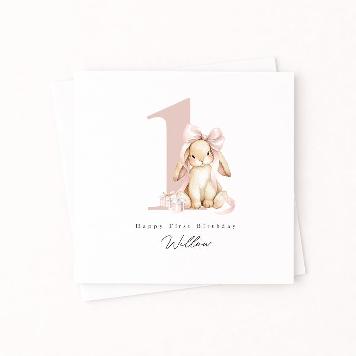 Personalised Pink Bow Bunny Birthday Card