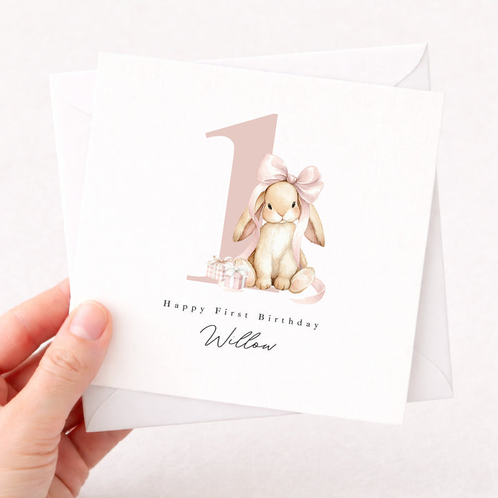 Personalised Pink Bow Bunny Birthday Card