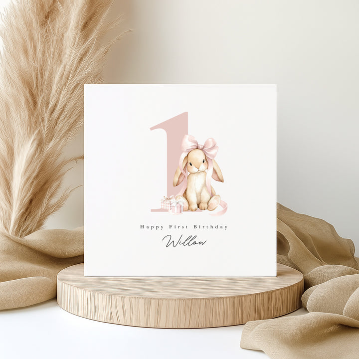 Personalised Pink Bow Bunny Birthday Card
