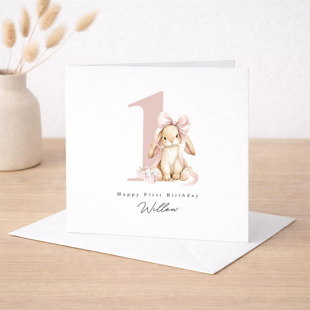 Personalised Pink Bow Bunny Birthday Card