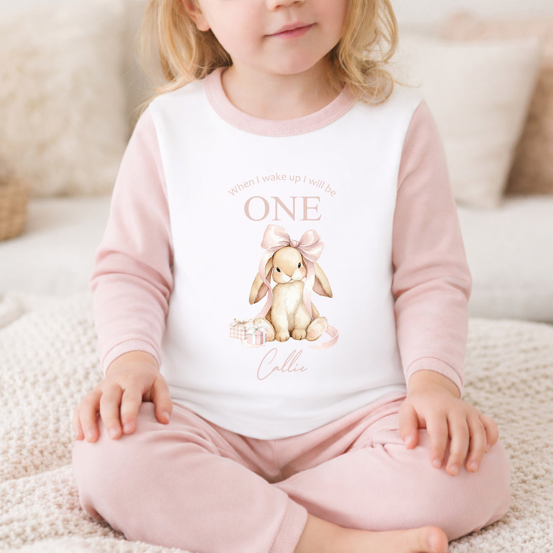 Personalised Pink Bow Bunny When I Wake Up I Will Be One First Birthday Pyjamas