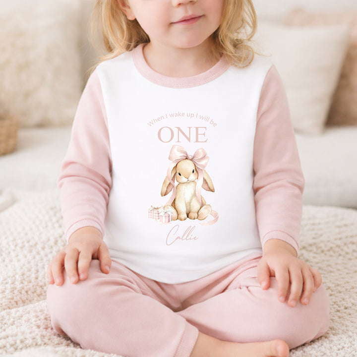 Personalised Pink Bow Bunny When I Wake Up I Will Be One First Birthday Pyjamas