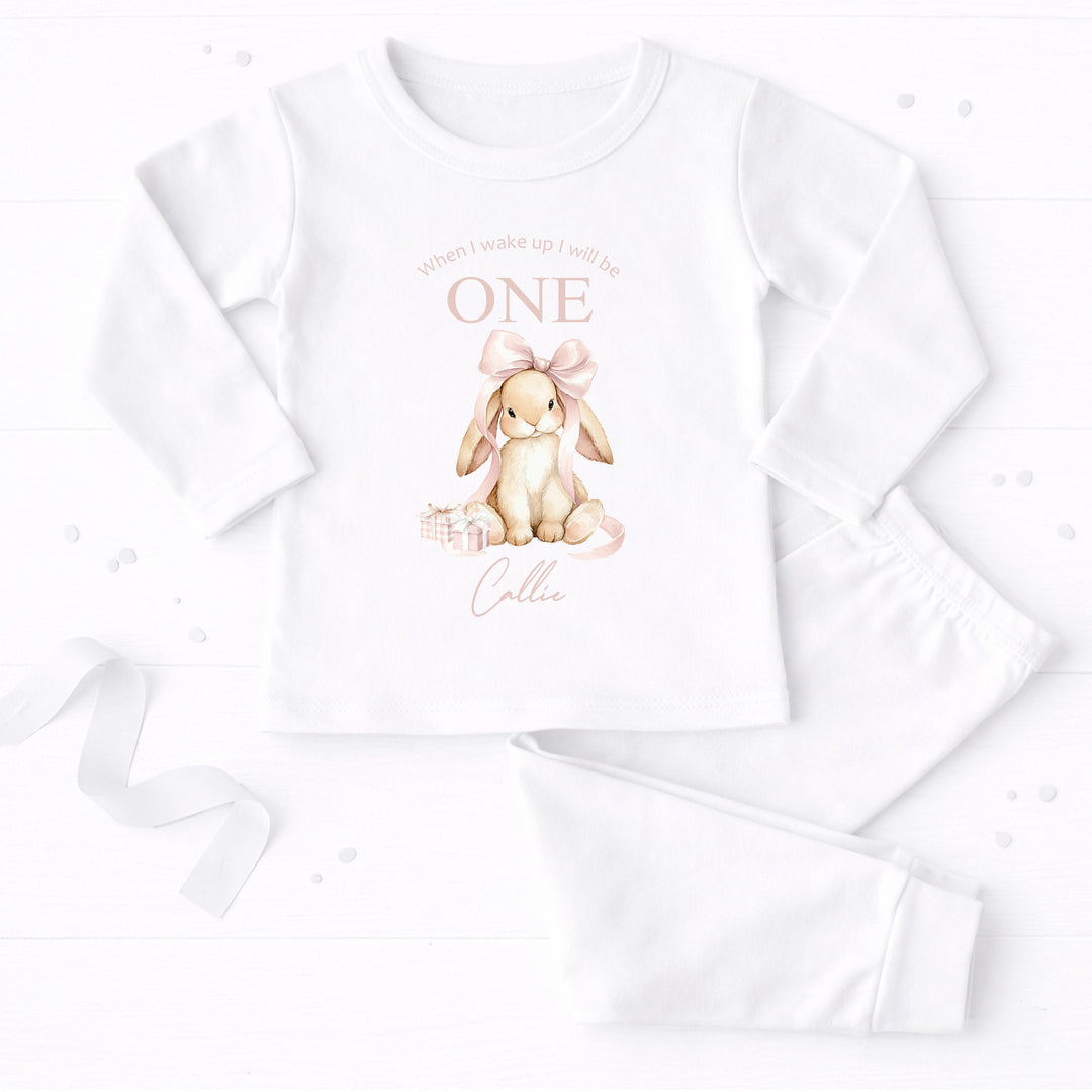 Personalised Pink Bow Bunny When I Wake Up I Will Be One First Birthday Pyjamas