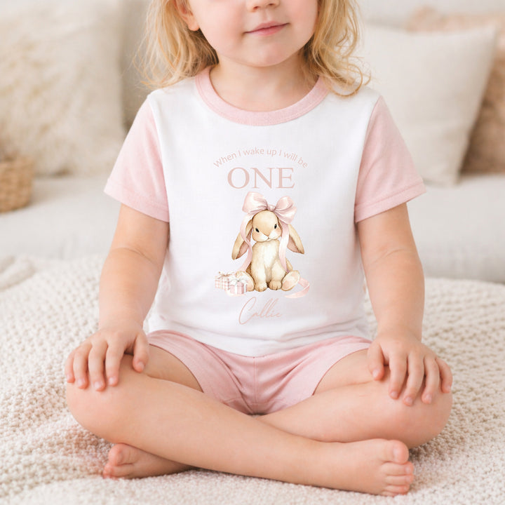 Personalised Pink Bow Bunny First Birthday Short Sleeve Pyjamas