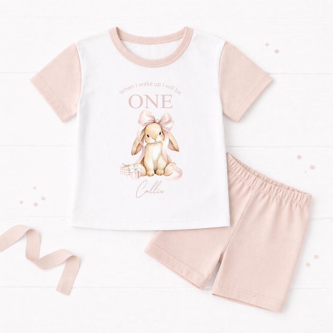 Personalised Pink Bow Bunny First Birthday Short Sleeve Pyjamas