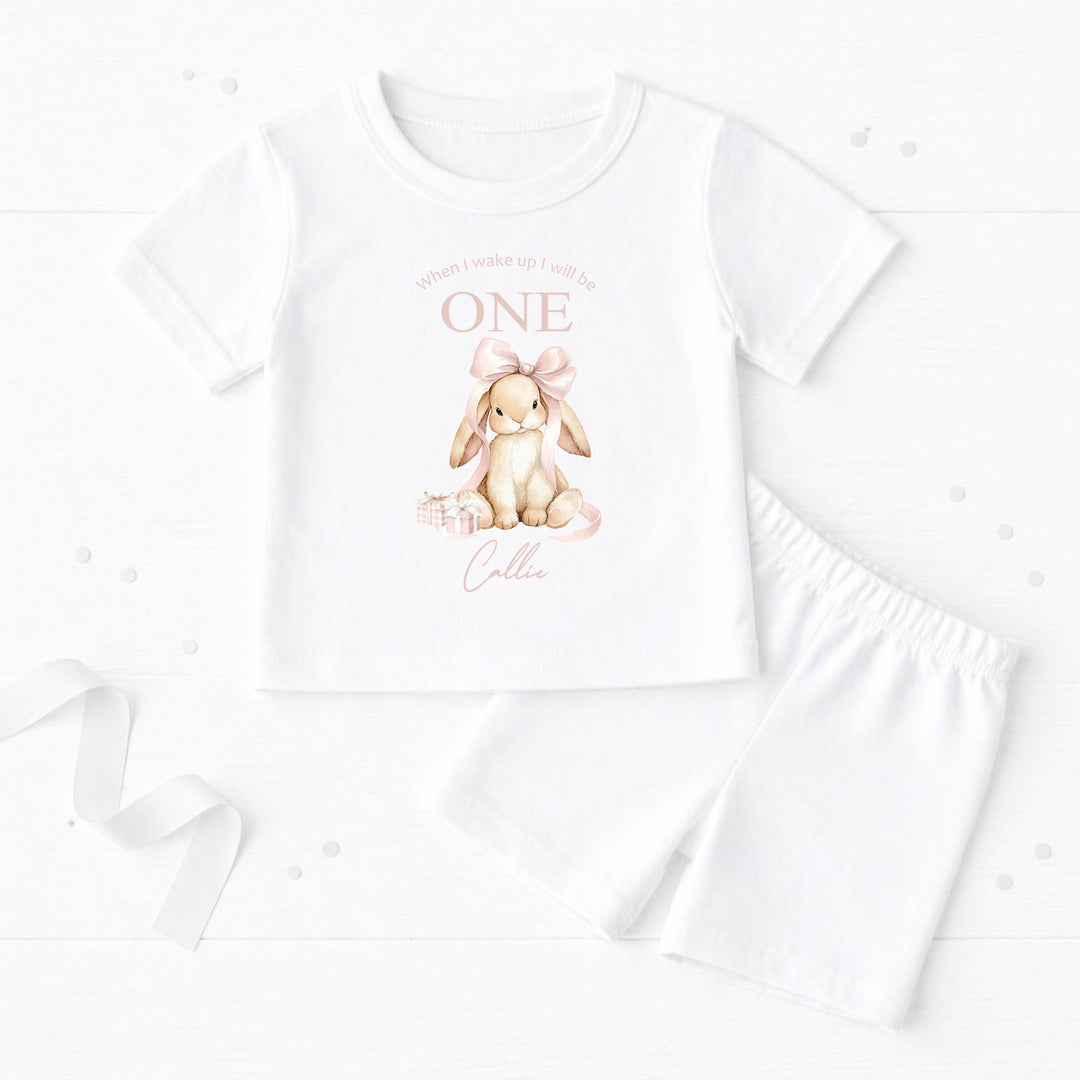 Personalised Pink Bow Bunny First Birthday Short Sleeve Pyjamas