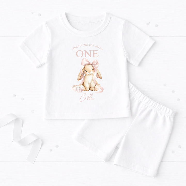 Personalised Pink Bow Bunny First Birthday Short Sleeve Pyjamas