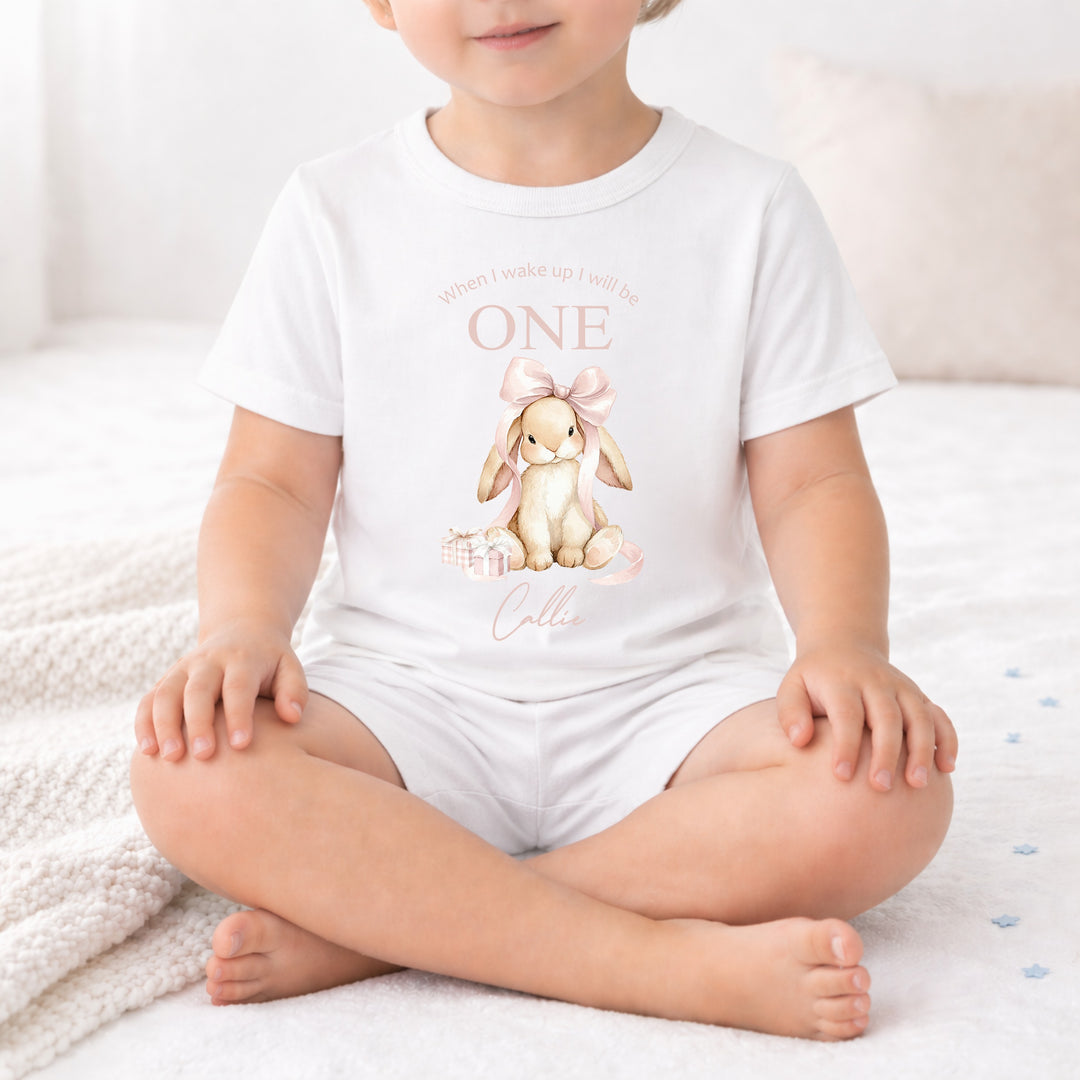 Personalised Pink Bow Bunny First Birthday Short Sleeve Pyjamas