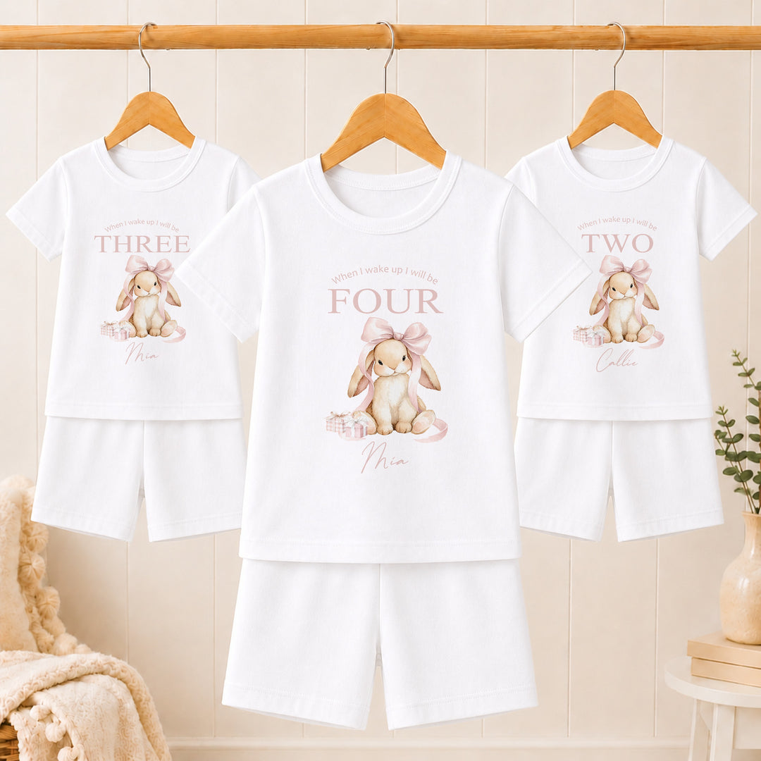 Personalised Pink Bow Bunny Short Sleeve Any Age Birthday Pyjamas