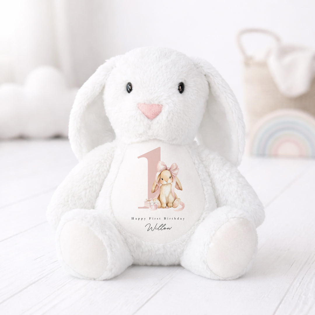 Personalised Pink Bow Bunny First Birthday Teddy