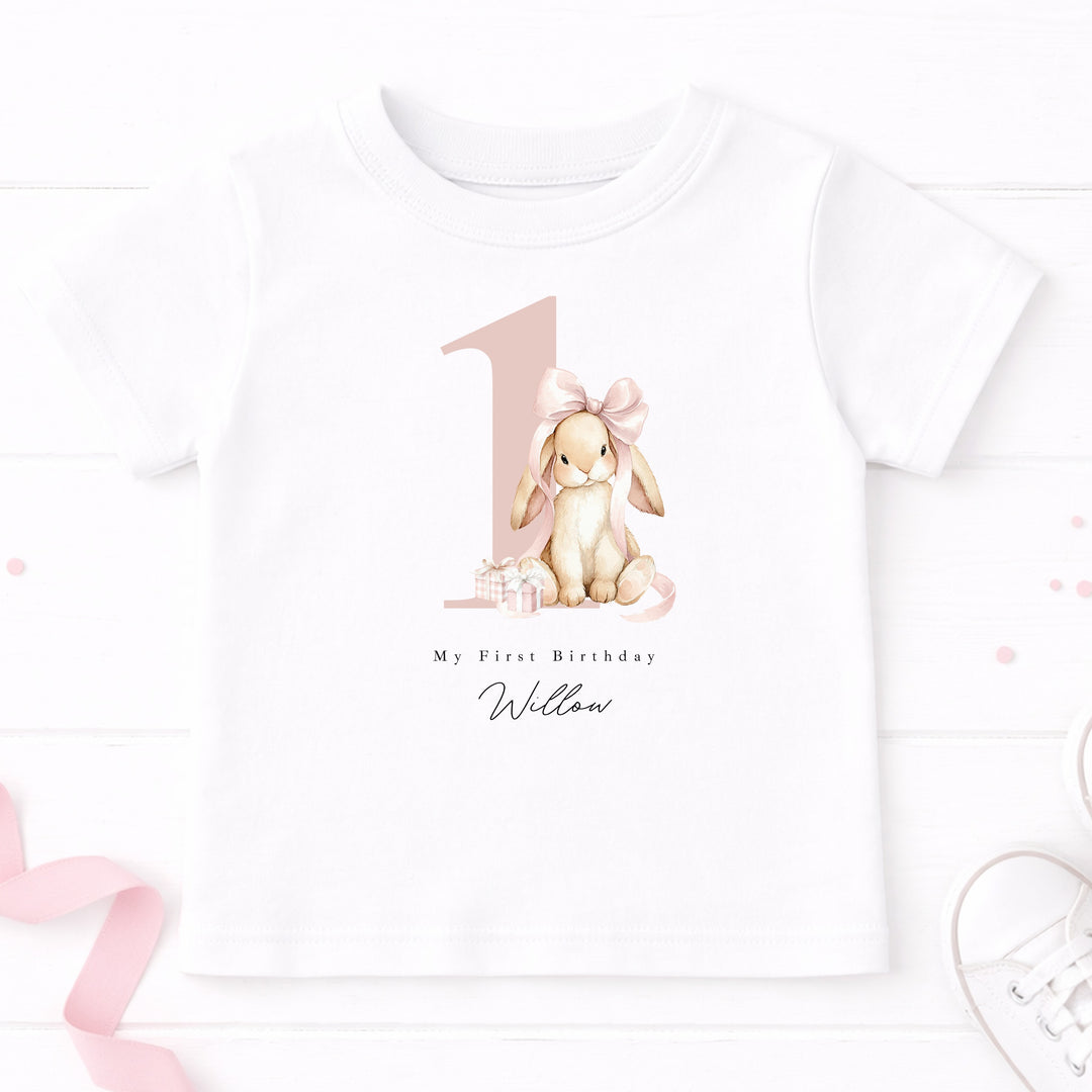 Personalised Pink Bow Bunny First Birthday T-Shirt