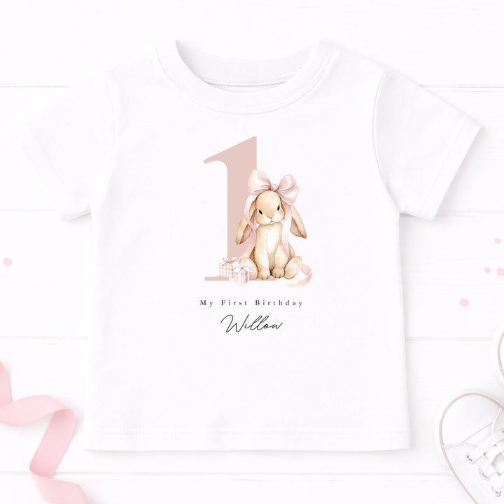Personalised Pink Bow Bunny First Birthday T-Shirt