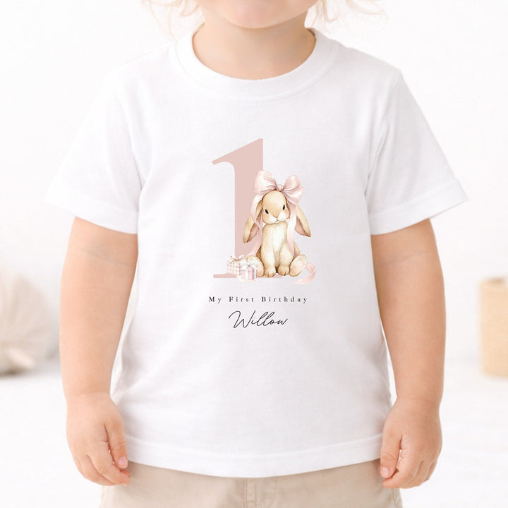 Personalised Pink Bow Bunny First Birthday T-Shirt