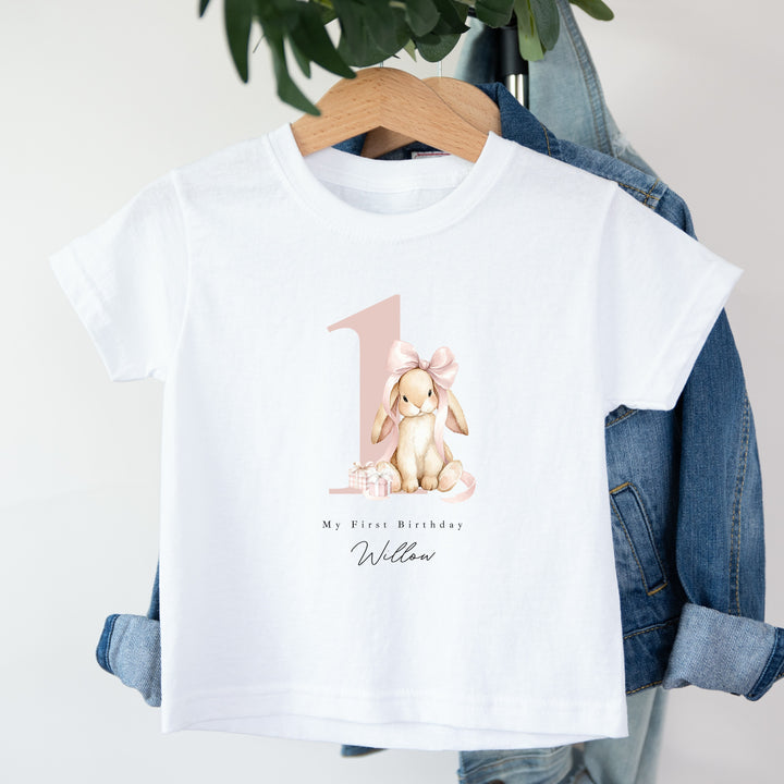 Personalised Pink Bow Bunny First Birthday T-Shirt