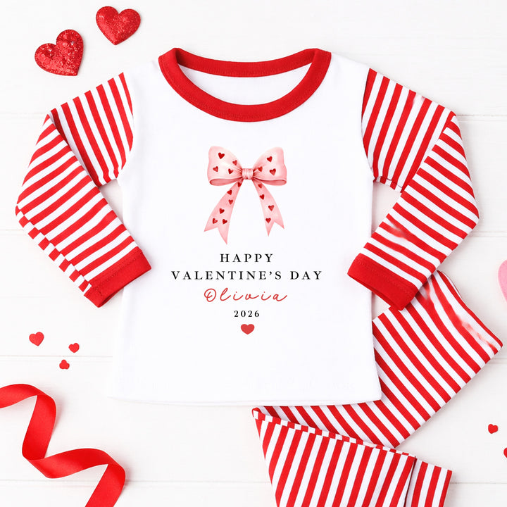 Personalised Pink Bow My First Valentine's Day Red Stripe Pyjamas