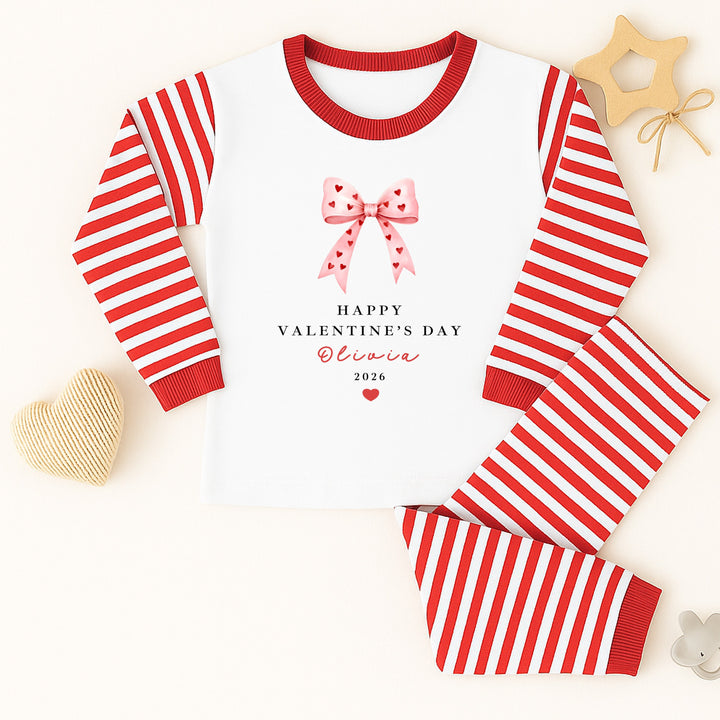 Personalised Pink Bow My First Valentine's Day Red Stripe Pyjamas