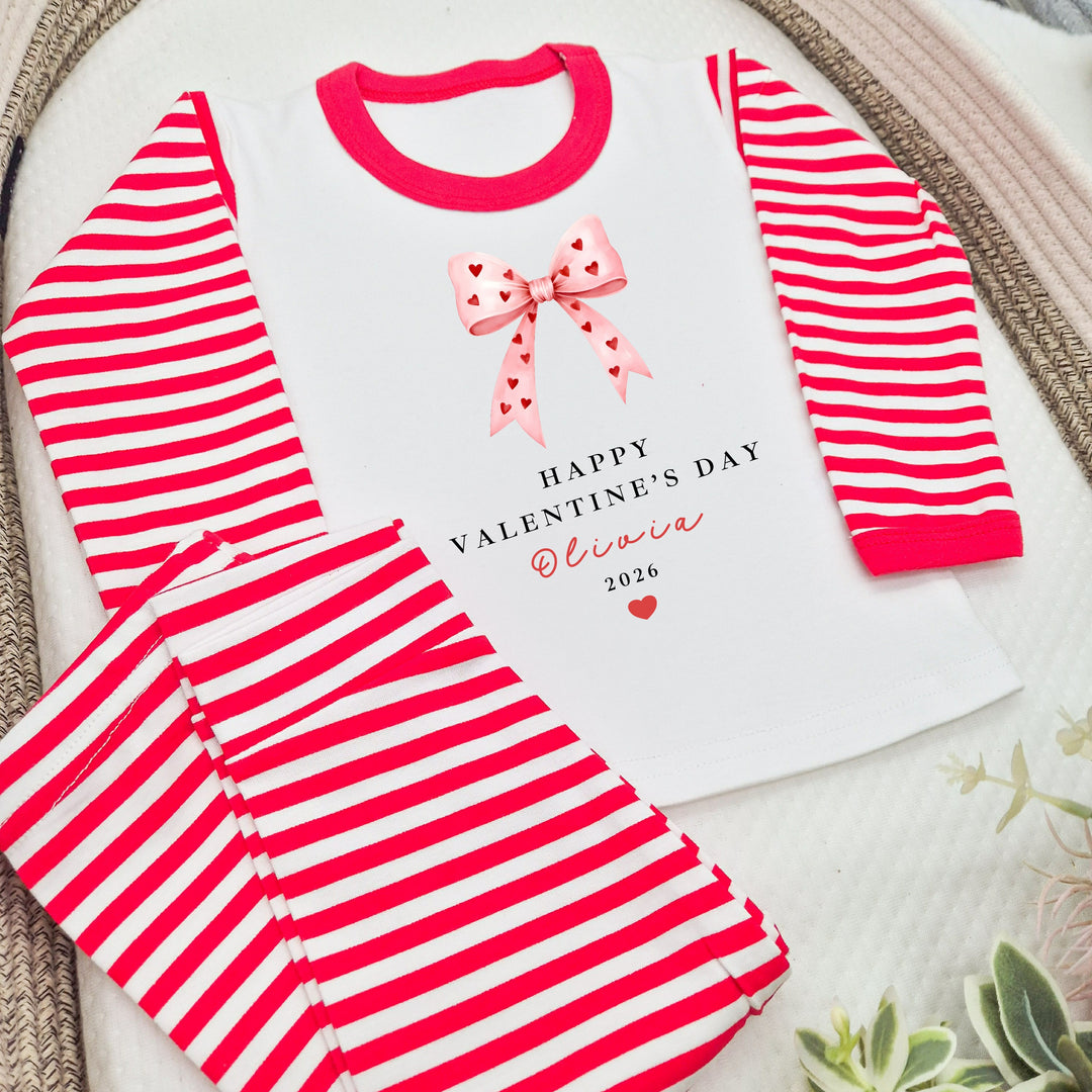Personalised Pink Bow My First Valentine's Day Red Stripe Pyjamas