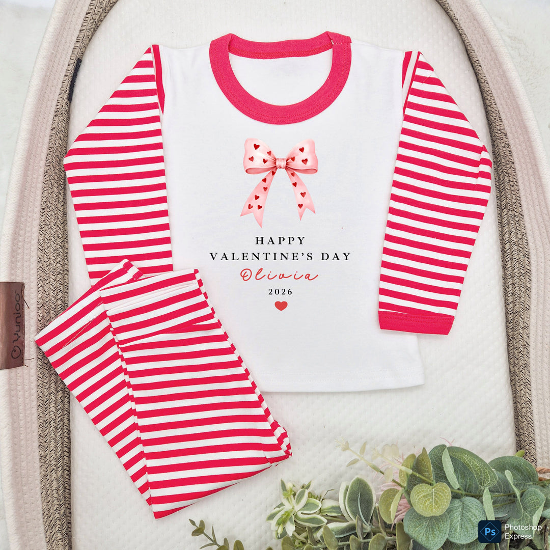 Personalised Pink Bow My First Valentine's Day Red Stripe Pyjamas
