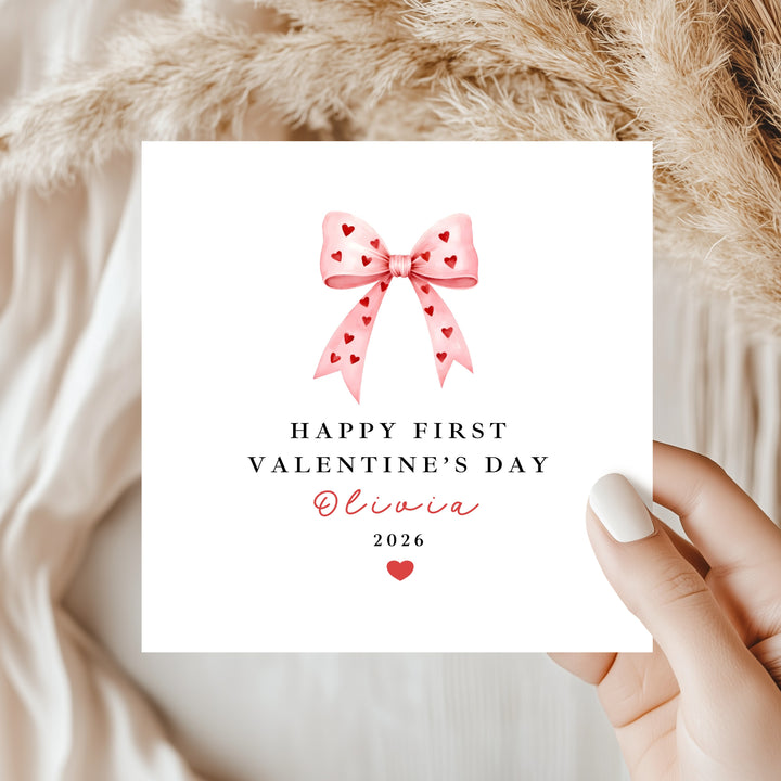 Personalised Pink Bow Happy First Valentine's Day Card