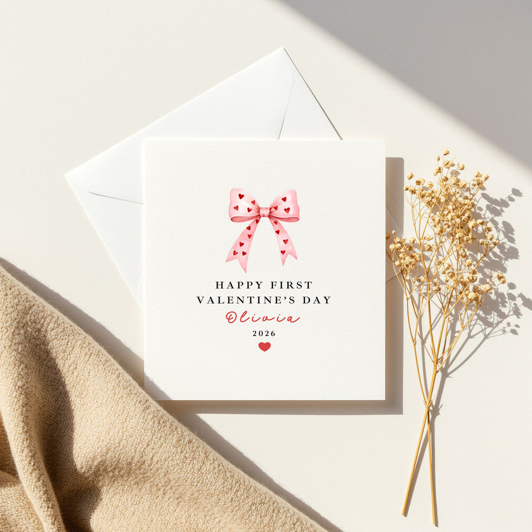 Personalised Pink Bow Happy First Valentine's Day Card
