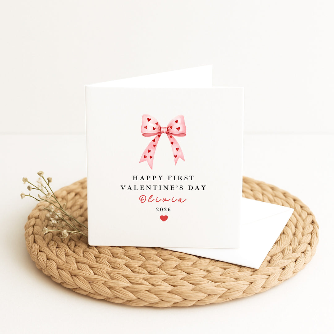 Personalised Pink Bow Happy First Valentine's Day Card