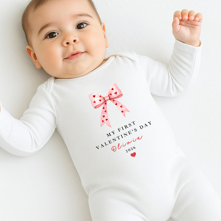 Personalised Pink Bow My First Valentines Day Baby Grow, Vest or Bib