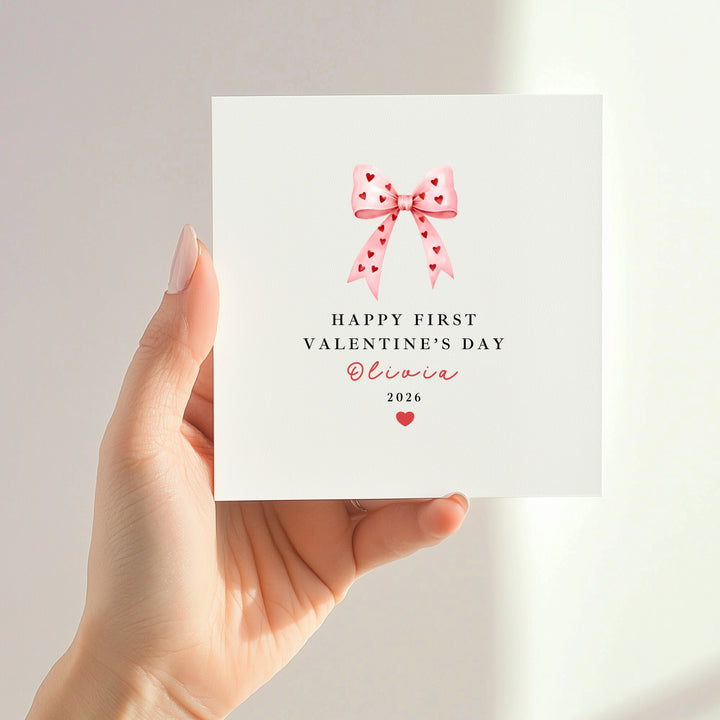 Personalised Pink Bow Happy First Valentine's Day Card