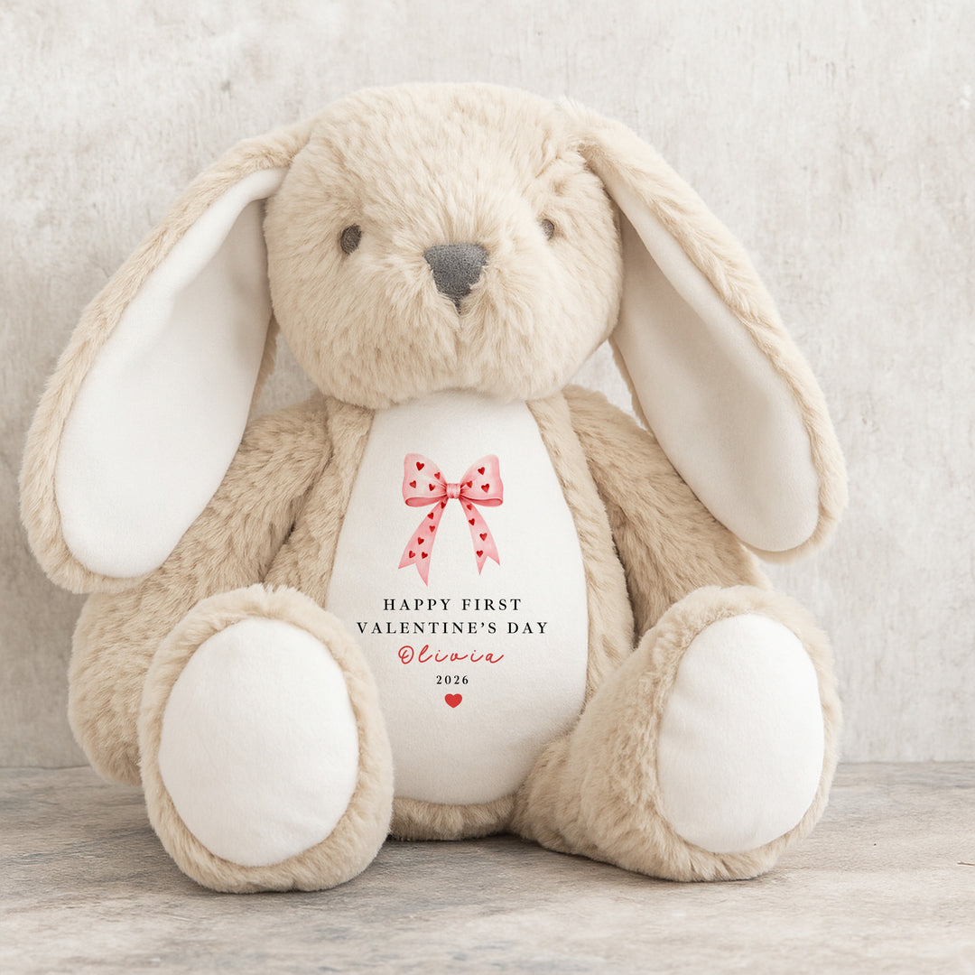 Personalised Pink Bow Happy First Valentine's Day Soft Toy