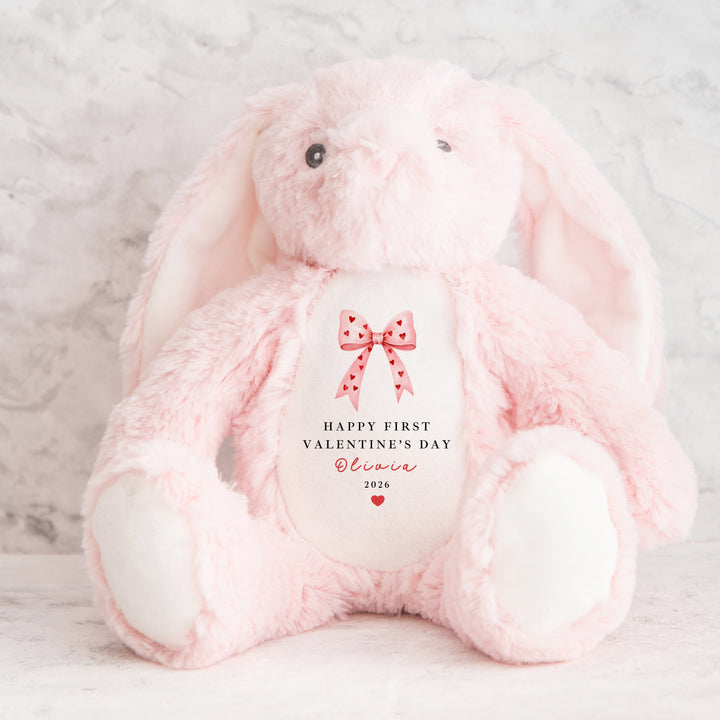 Personalised Pink Bow Happy First Valentine's Day Soft Toy