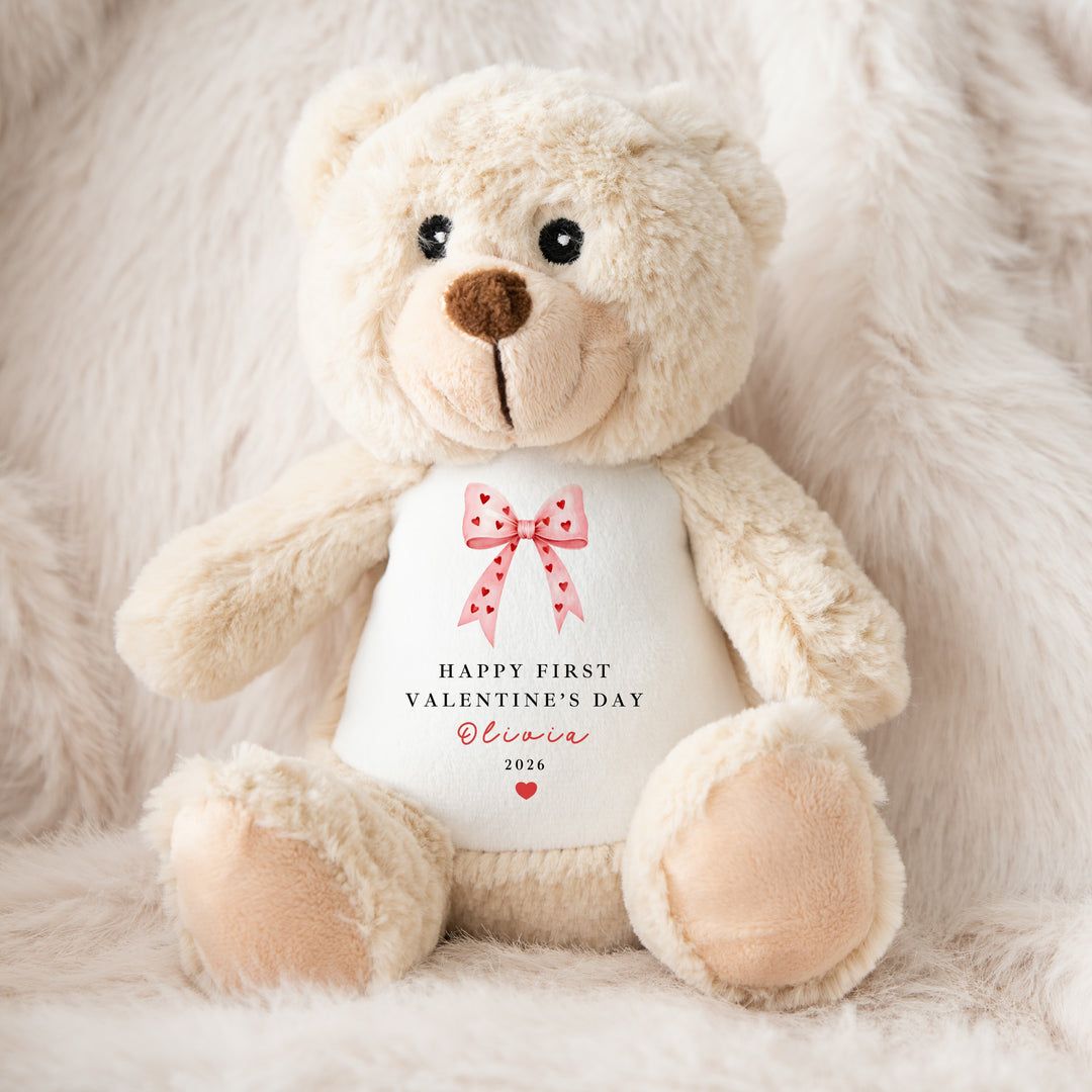 Personalised Pink Bow Happy First Valentine's Day Soft Toy